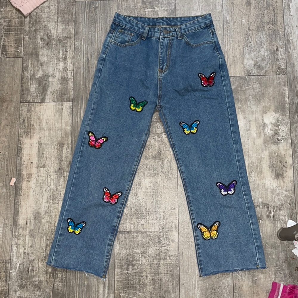 High-Waist Color Butterfly Embroidered Straight Denim Slim Jeans